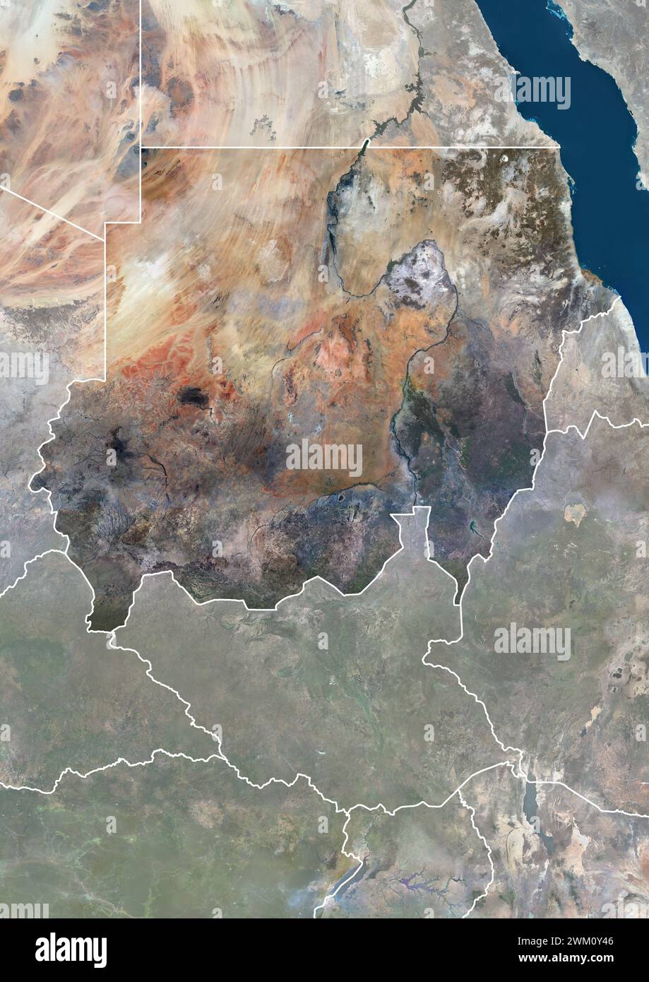 Image satellite couleur du Soudan, avec bordures et masque. Banque D'Images