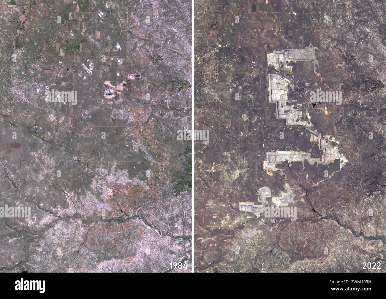 Image satellite en couleur de la mine North Antelope Rochelle en 1984 et 2022. Située dans le comté de Campbell, Wyoming, aux États-Unis, c'est la plus grande mine de charbon au monde. Banque D'Images