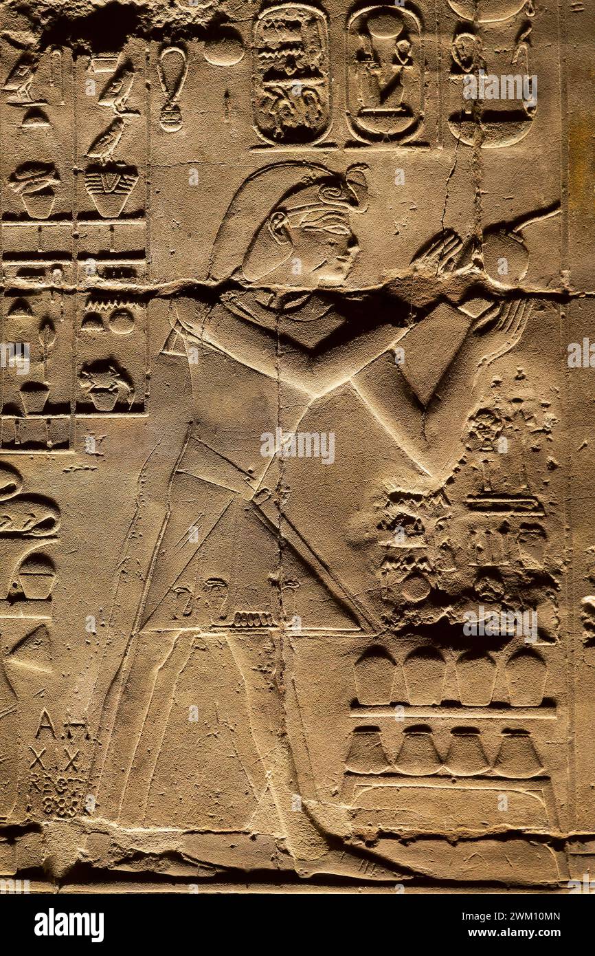 Gros plan de la sculpture en relief du mur égyptien antique avec des hiéroglyphes à l'intérieur du temple de Louxor, en Égypte Banque D'Images