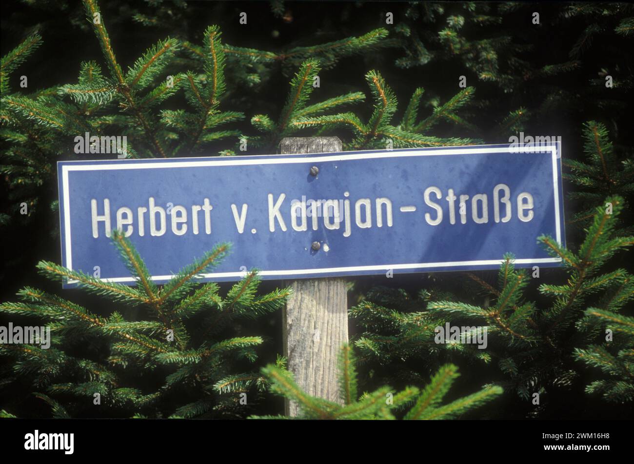 3830543 décès d'Herbert von Karajan (1989) ; (add.info.: rue Herbert von Karajan à Anif, près de Salzbourg, lieu de résidence du chef d'orchestre (juillet 1989) / via Herbert von Karajan ad Anif, vicino a Salisburgo, luogo di residenza del direttore d'orchestra (luglio 1989) ; © Marcello Mencarini. Tous droits réservés 2024. Banque D'Images