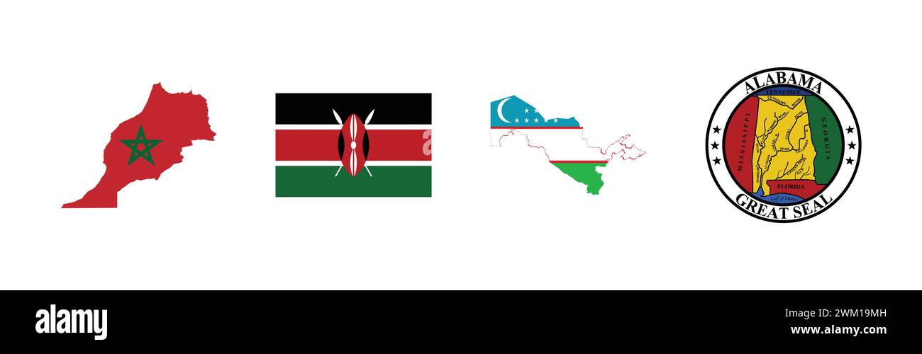 Sceau de l'Alabama, carte du drapeau du Maroc, drapeau du Kenya, carte du drapeau de l'Ouzbékistan, collection populaire de logo de marque. Illustration de Vecteur