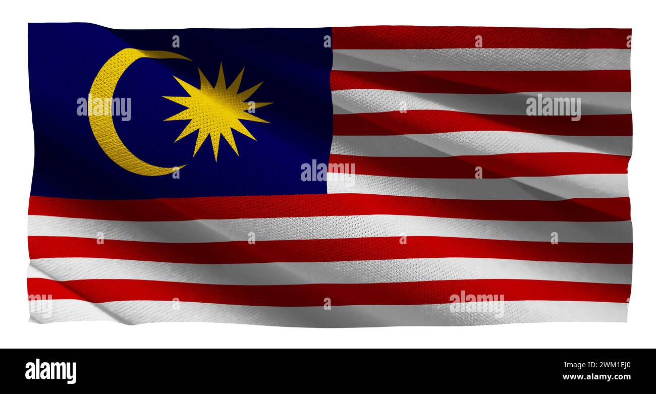 Agitant le drapeau de Malaisie avec la texture des points. Meilleur fond pour Malaisie indépendance Merdeka Day 31 août, bannière et toile de fond. fond blanc isolé Banque D'Images