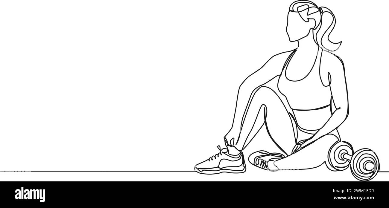 dessin continu d'une seule ligne de femme exerçant avec haltère dans le gymnase, illustration vectorielle d'art de ligne Illustration de Vecteur