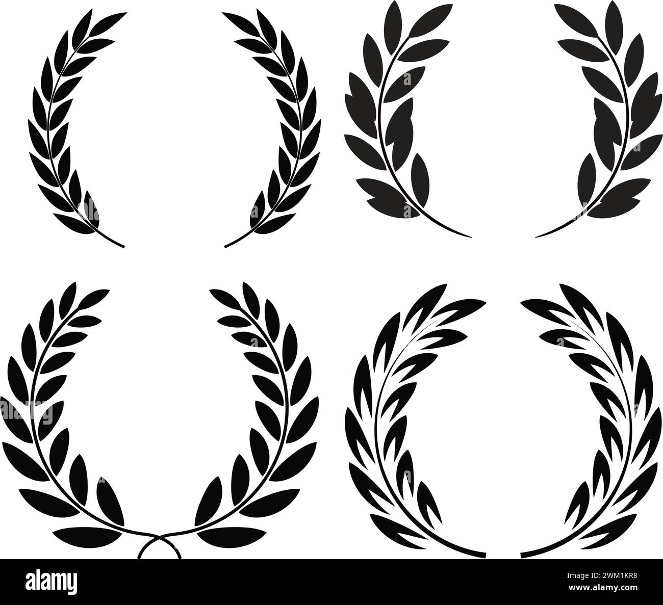 ensemble vectoriel de couronnes de laurier. silhouettes de couronne laurel. le prix de la branche d'olivier. branches de laurier avec des feuilles isolées sur fond blanc Illustration de Vecteur
