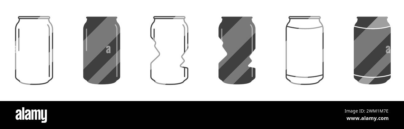Bouteille pour boissons. Vecteur de boîte d'étain froissé. Boîtes en aluminium dans le vecteur de style linéaire. Vecteur de boisson gazeuse sucrée. Illustration de Vecteur
