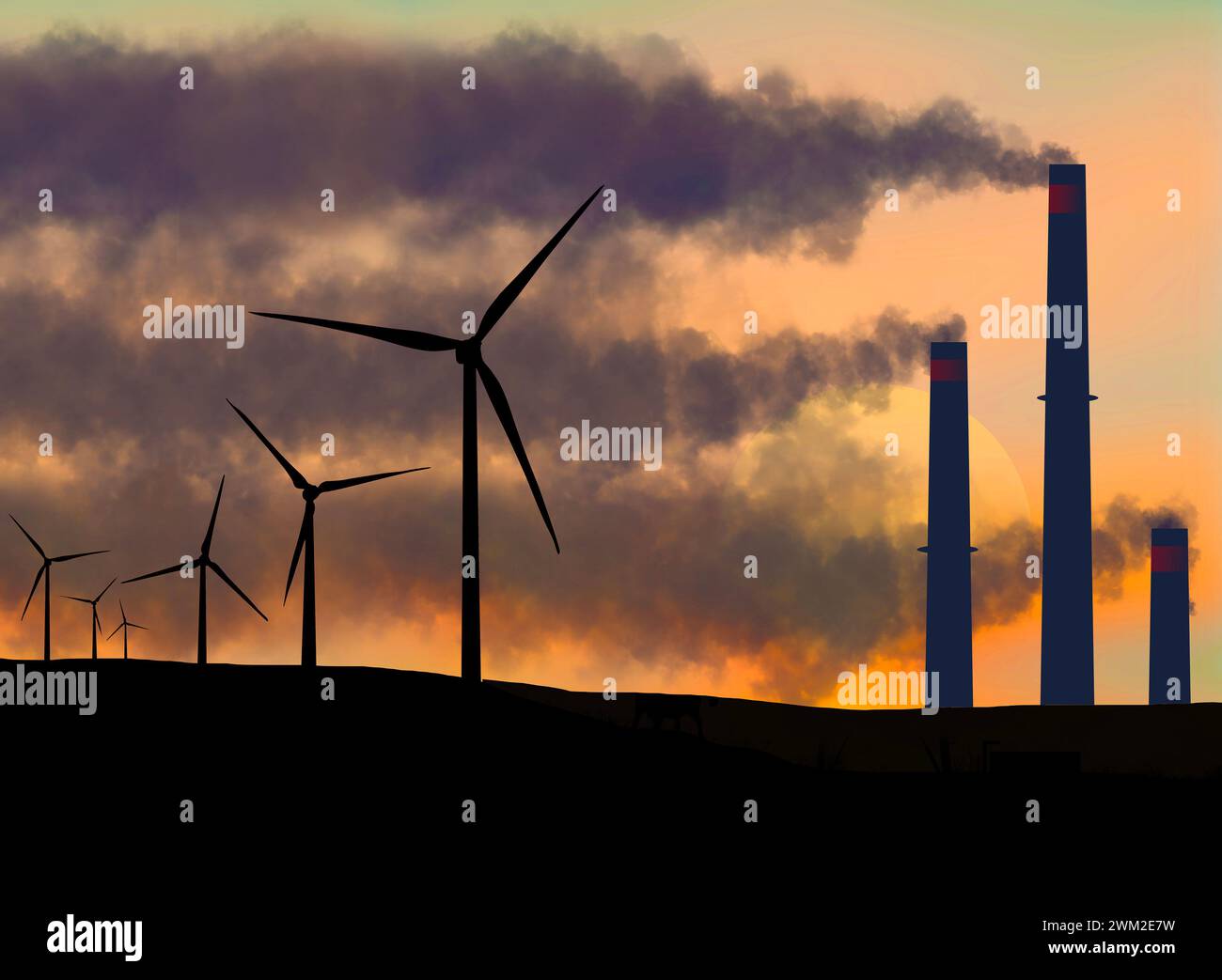 La fumée d'une centrale électrique à charbon sale forme l'arrière-plan pour les générateurs éoliens modernes et propres dans cette illustration 3D. Banque D'Images