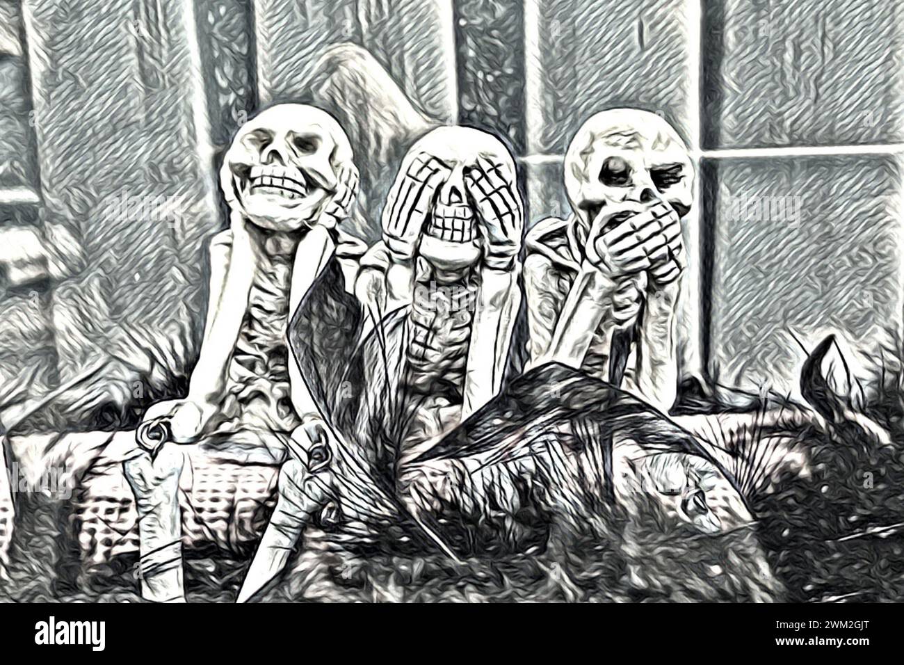 trois squelettes abstraits en forme de trois singes ne voient aucun mal, n'entendent aucun mal, ne parlent aucun mal Banque D'Images