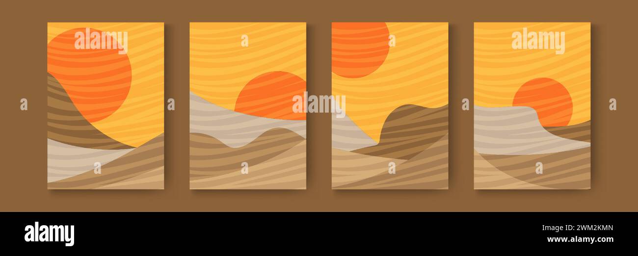 Set carte de paysage abstrait. Modèle de silhouette de paysages sauvages du désert. Les bannières verticales pondent la texture avec des lignes ondulées de motif. Dunes au soleil Illustration de Vecteur