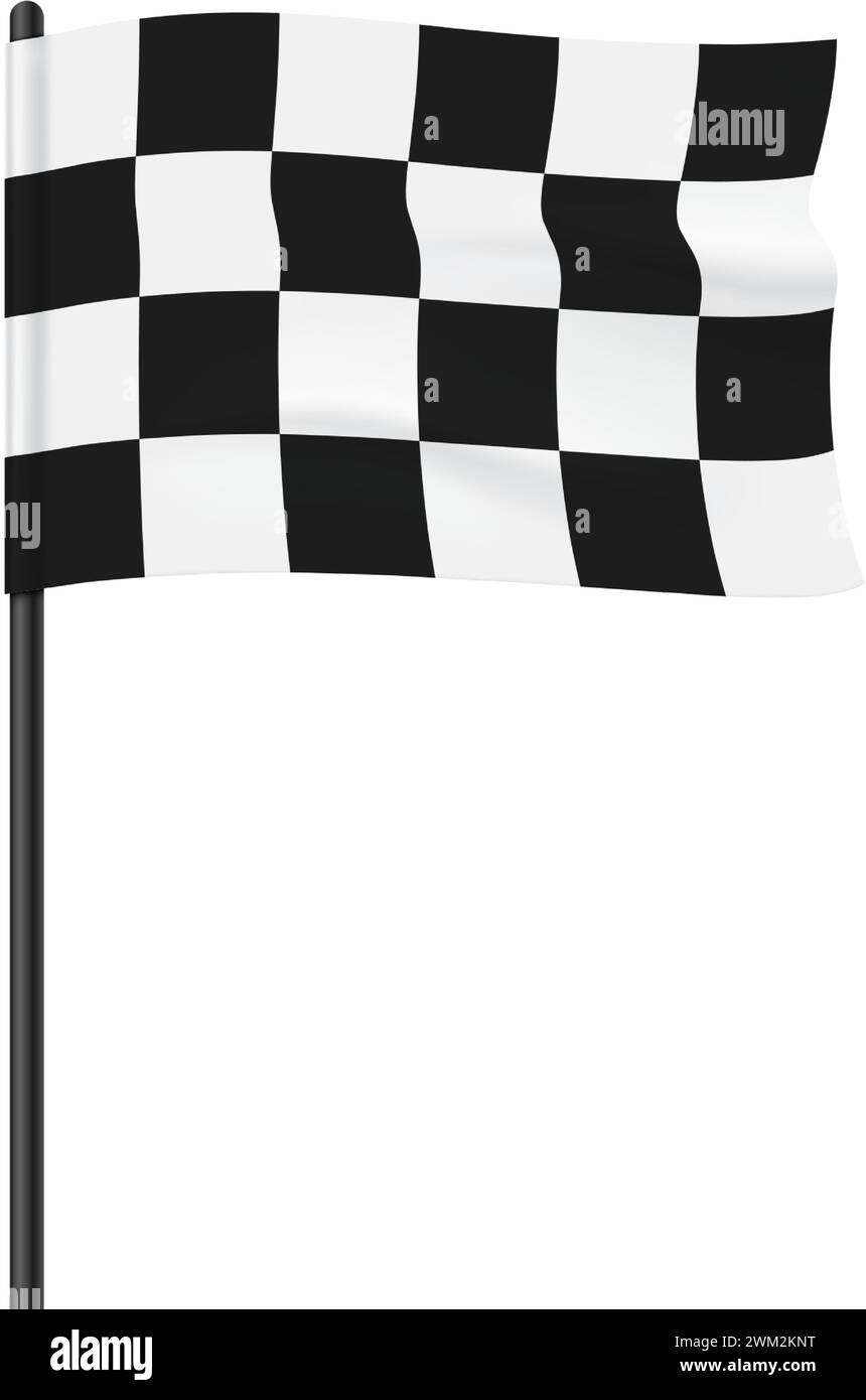 Drapeau à damier ondulant sur un mât de drapeau noir, illustration vectorielle isolée sur un fond blanc. Illustration de Vecteur