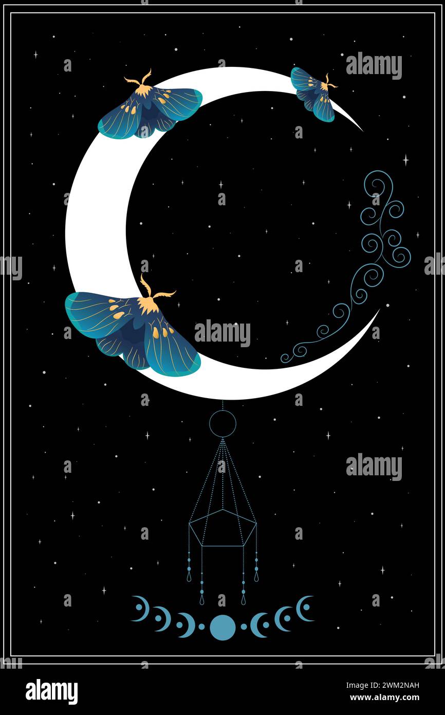 Fond céleste avec papillons bleus, étoiles et croissant de lune. Illustration vectorielle Illustration de Vecteur