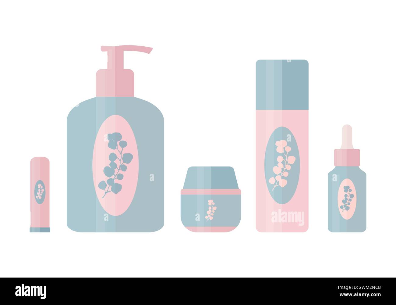 Ensemble de produits cosmétiques pour la routine quotidienne de beauté. Tubes et bouteilles pour les soins de la peau et la beauté avec logo de branche de plante. Illustration vectorielle Illustration de Vecteur