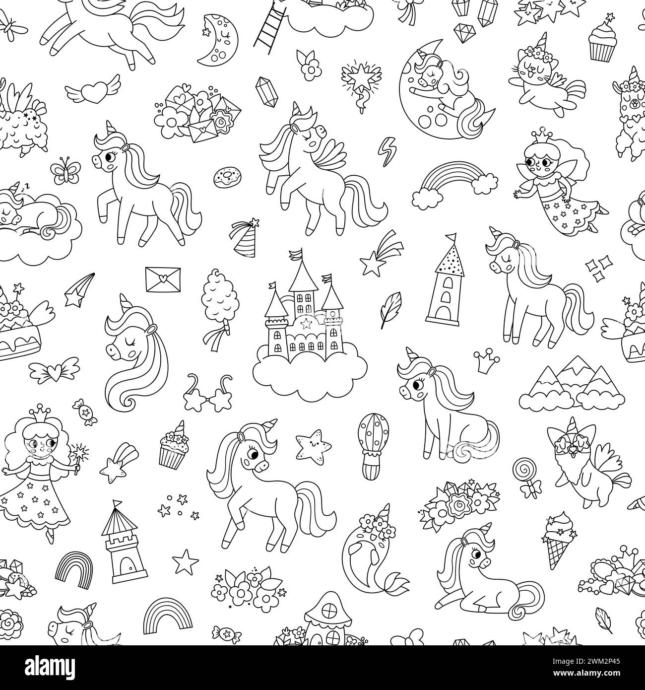 Vecteur noir et blanc licornes modèle sans couture. Répéter l'arrière-plan avec des personnages de conte de fées, des animaux avec corne, arc-en-ciel, étoile tombante, cristal. FANT Illustration de Vecteur