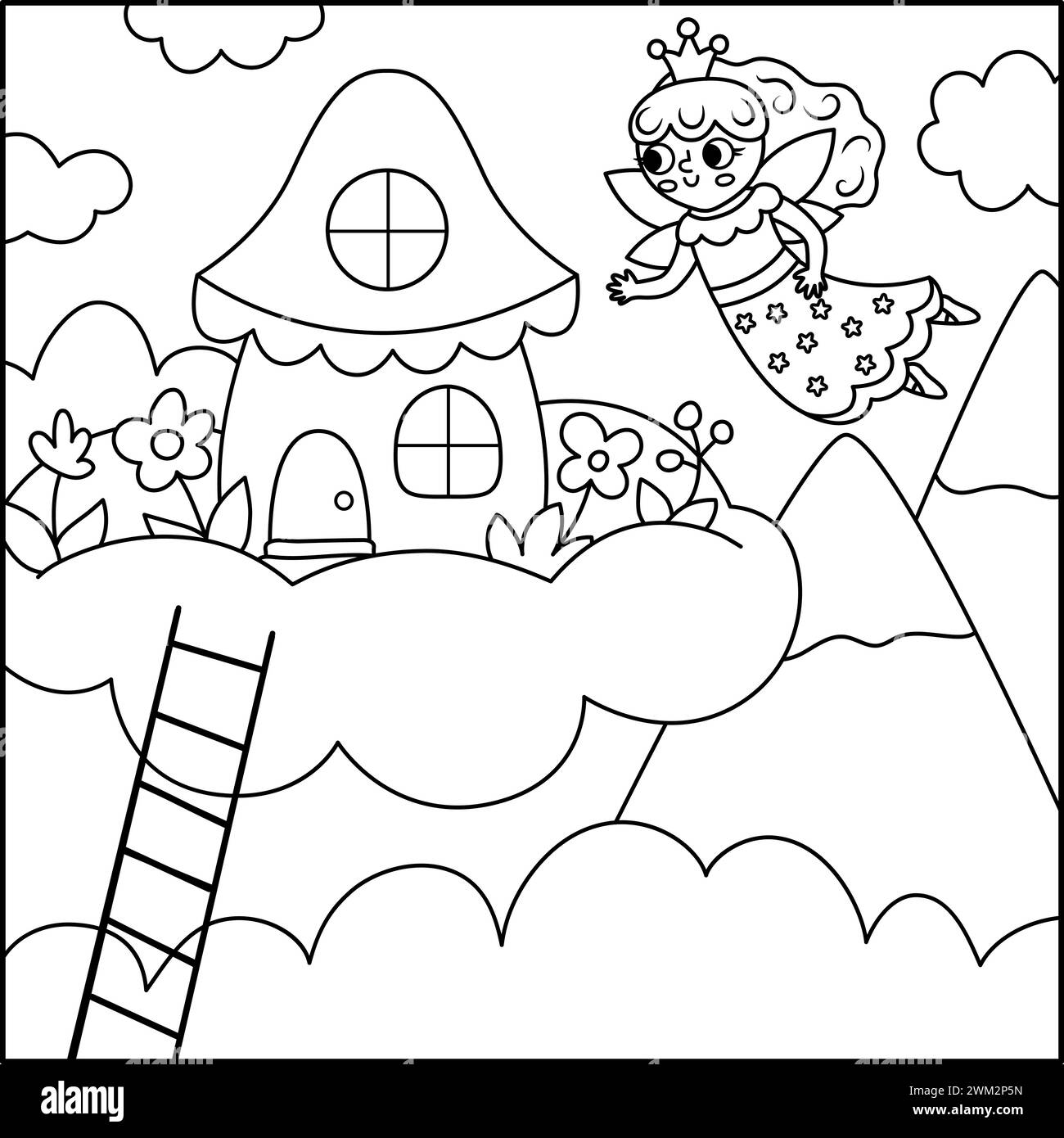 Vecteur fond carré noir et blanc avec princesse de fée volant à sa maison sur le nuage. Scène de ligne de monde magique ou fantastique. Paysage de conte de fées ou c Illustration de Vecteur