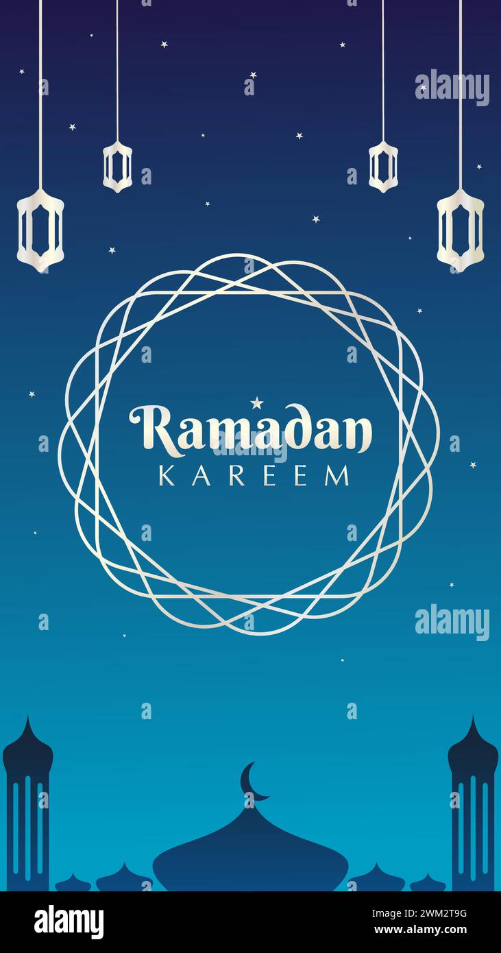 Un beau ciel nocturne bleu avec des étoiles étincelantes et des ornements de lanterne argentés luxueux. Conception de bannière islamique verticale pour les histoires de médias sociaux Illustration de Vecteur