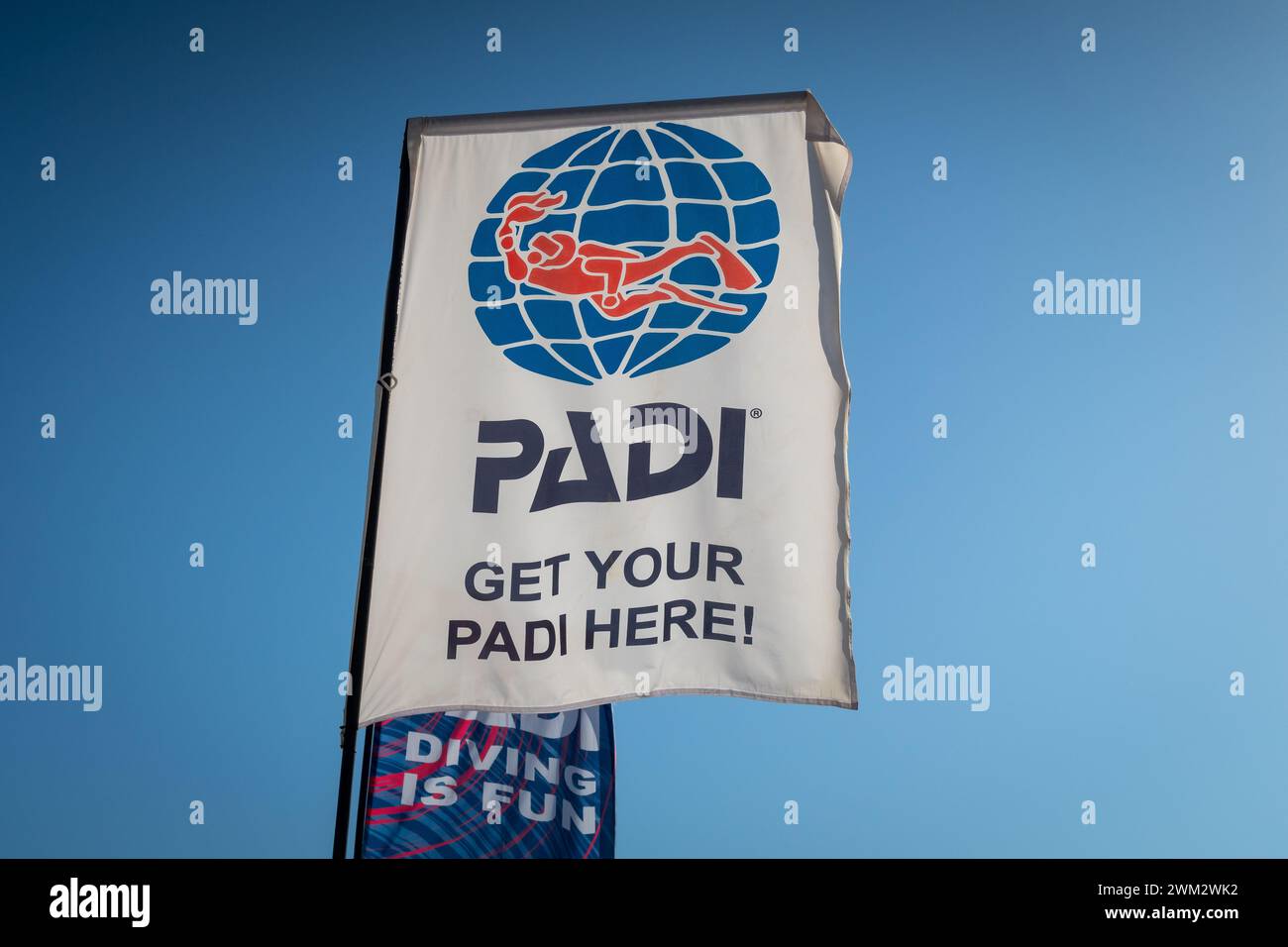 Fujairah, eau, 26.10.20. PADI (l'Association professionnelle des instructeurs de plongée), drapeau de l'organisation de formation de plongée avec logo (plongeur avec une torche dans Banque D'Images