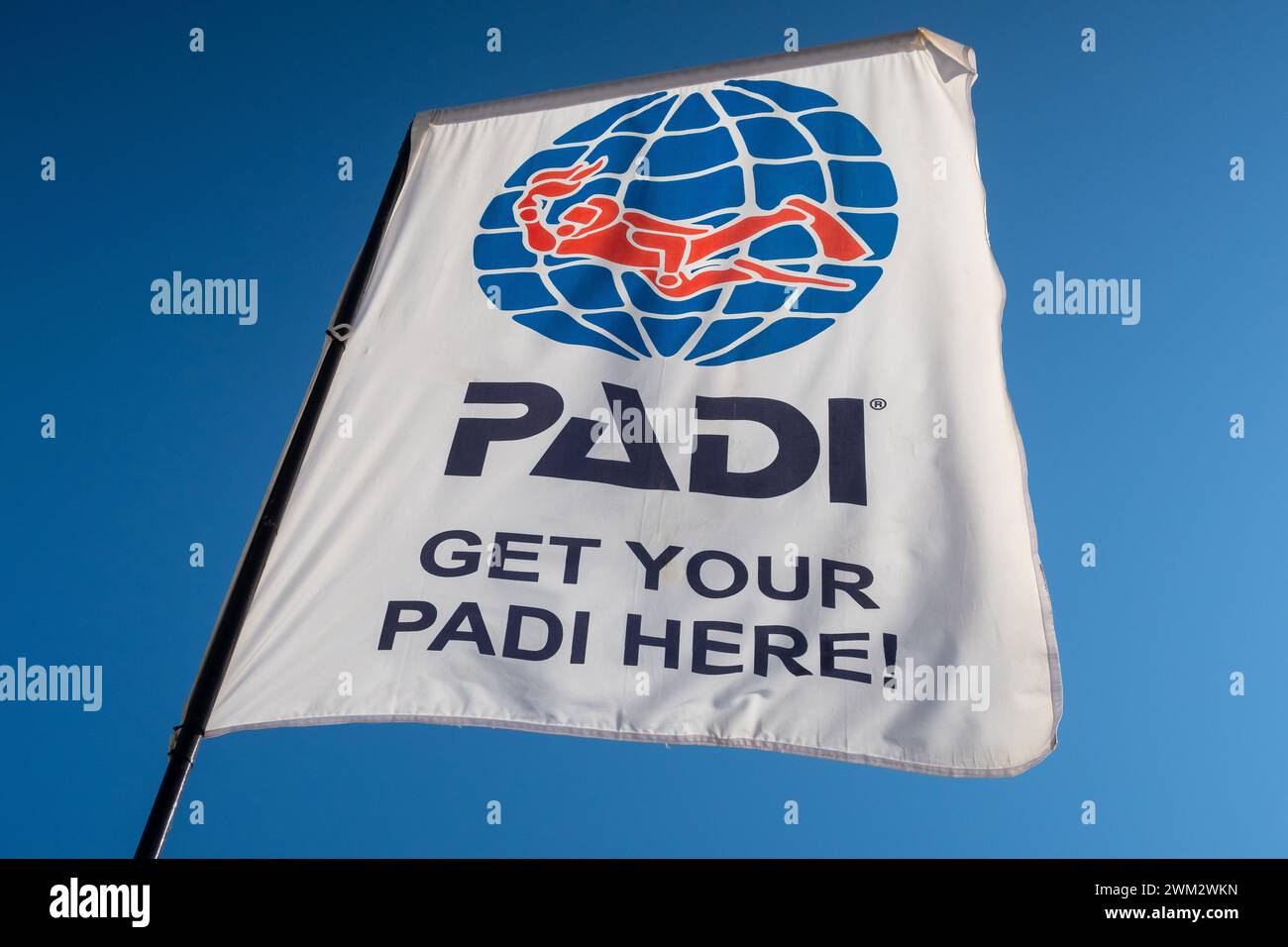 Fujairah, eau, 26.10.20. PADI (l'Association professionnelle des instructeurs de plongée), drapeau de l'organisation de formation de plongée avec logo (plongeur avec une torche dans Banque D'Images
