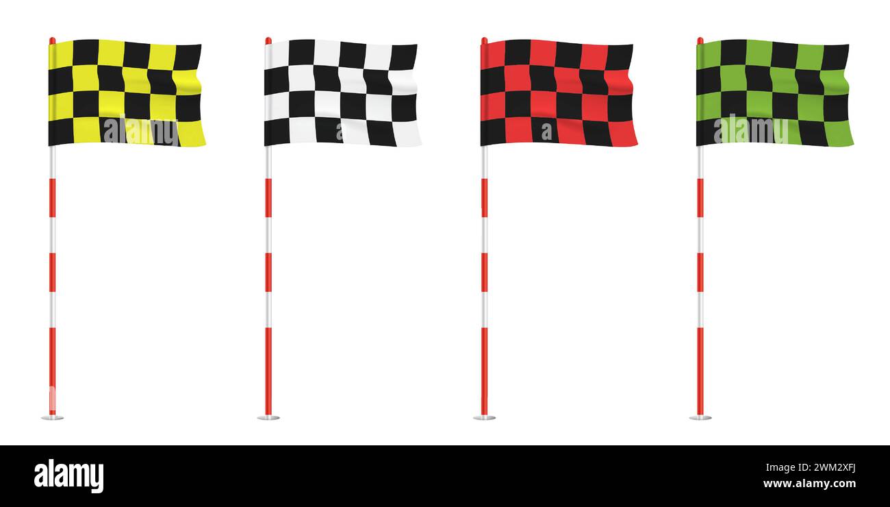 Drapeau à damier de golf ondulant sur un mât de drapeau, ensemble vectoriel coloré isolé sur un fond blanc. Illustration de Vecteur