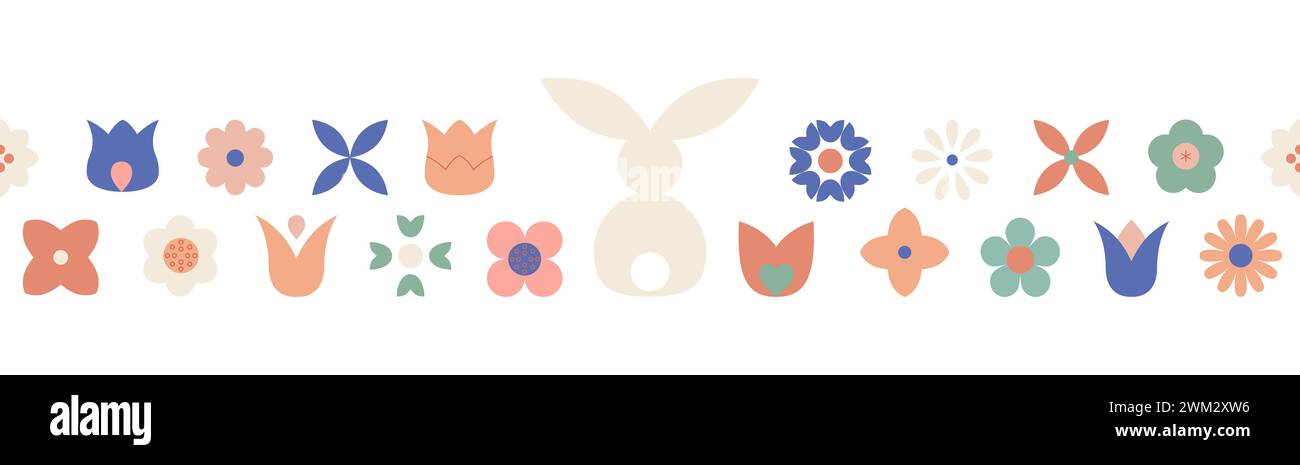 Abstrait jolie bordure sans couture de Pâques avec des fleurs de printemps, lapin de Pâques. Affiche pour ruban washi, carte, tasse. Illustration de Vecteur