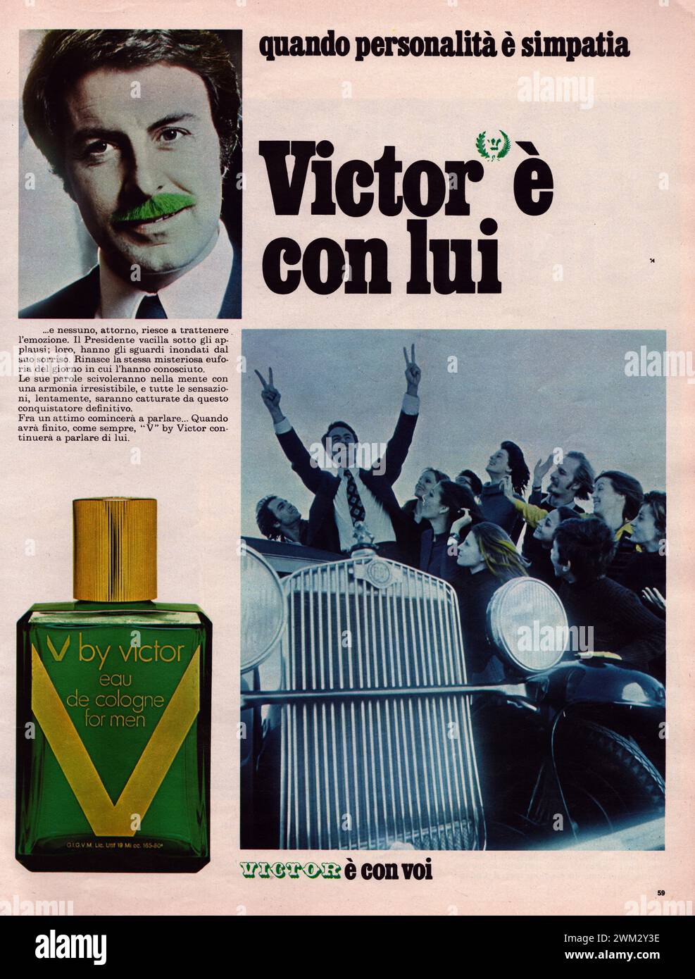Victor eau de cologne pour hommes pubblicita di una vecchia rivista in Italiano Victor parfum homme commercial avec moustache verte Banque D'Images