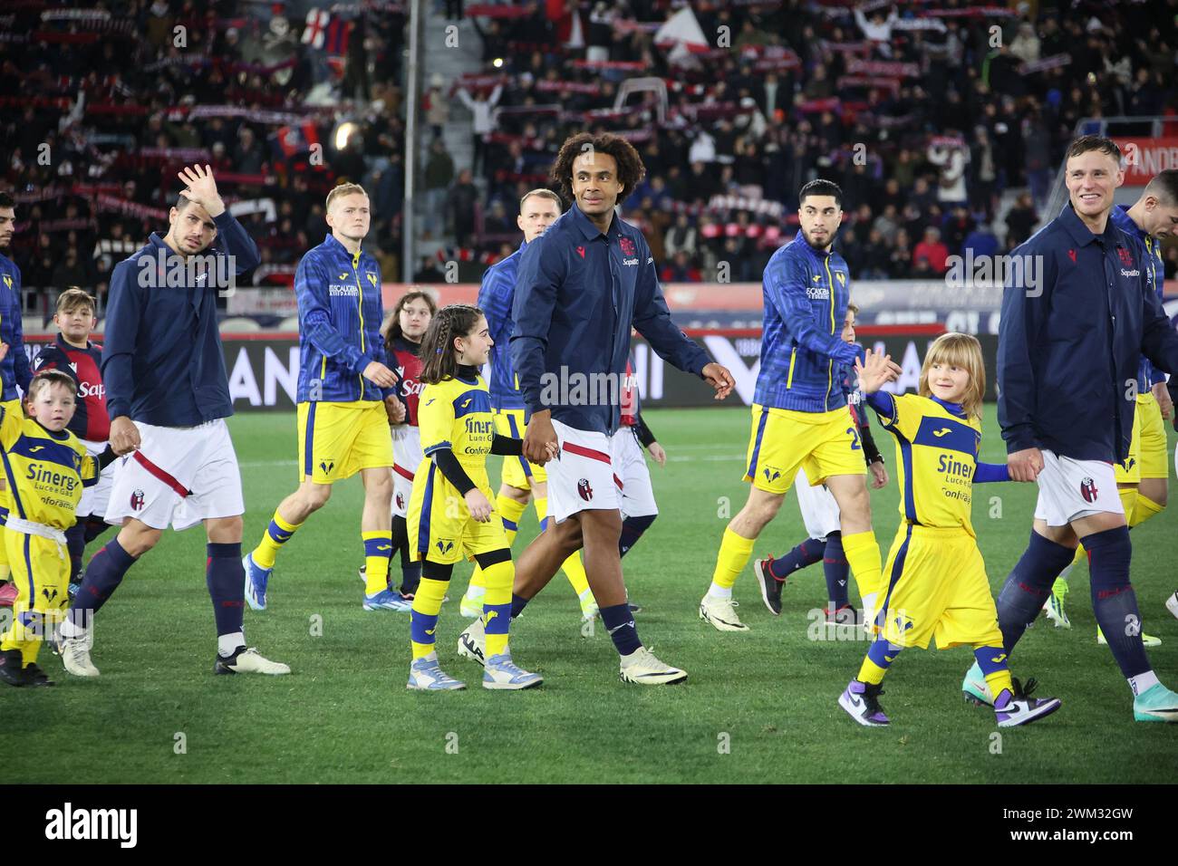 Foto Michele Nucci/LaPresse 23 Febbraio 2024, Bologne, Italia sport, calcio. Bologna f.c. vs. Hellas Verona f.c. - Campionato di calcio Serie A TIM 2023/2024 - stadio Renato Dall'Ara Nella foto : ingresso delle squadre in campo Joshua Zirkzee (Bologne F.C.) photo : Michele Nucci/LaPresse 23 février 2024, Bologne, Italie. sport, football. Bologna f.c. vs. Hellas Verona f.c. - Italian Football Championship League A TIM 2023/2024 - Renato Dall'Ara stade dans la photo : les équipes entrent sur le terrain de football pour le match. Joshua Zirkzee (Bologne F.c.) Banque D'Images