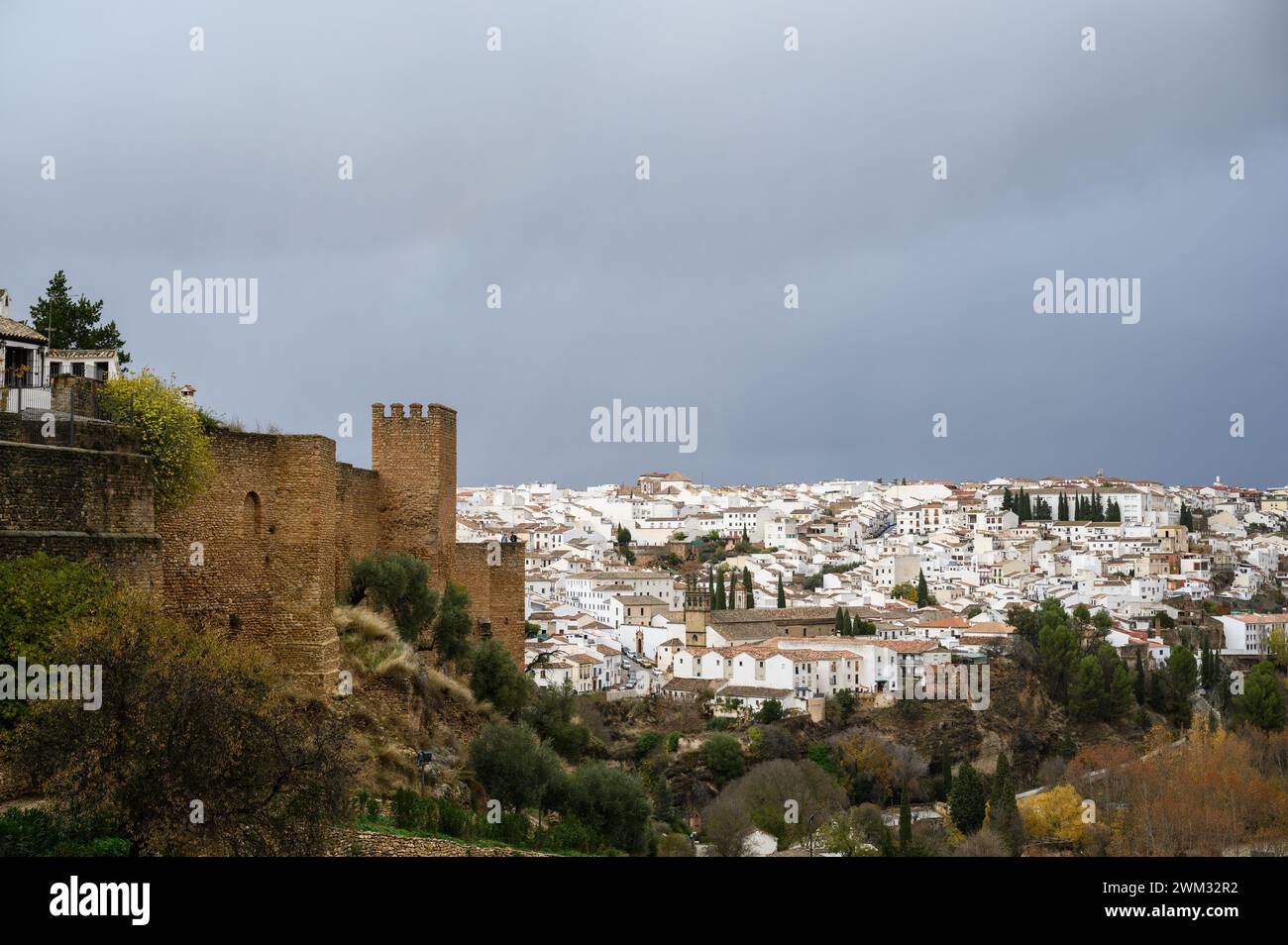 Vue de la nouvelle ville de Ronda avec le château à gauche par temps nuageux, Malaga, Espagne. Banque D'Images