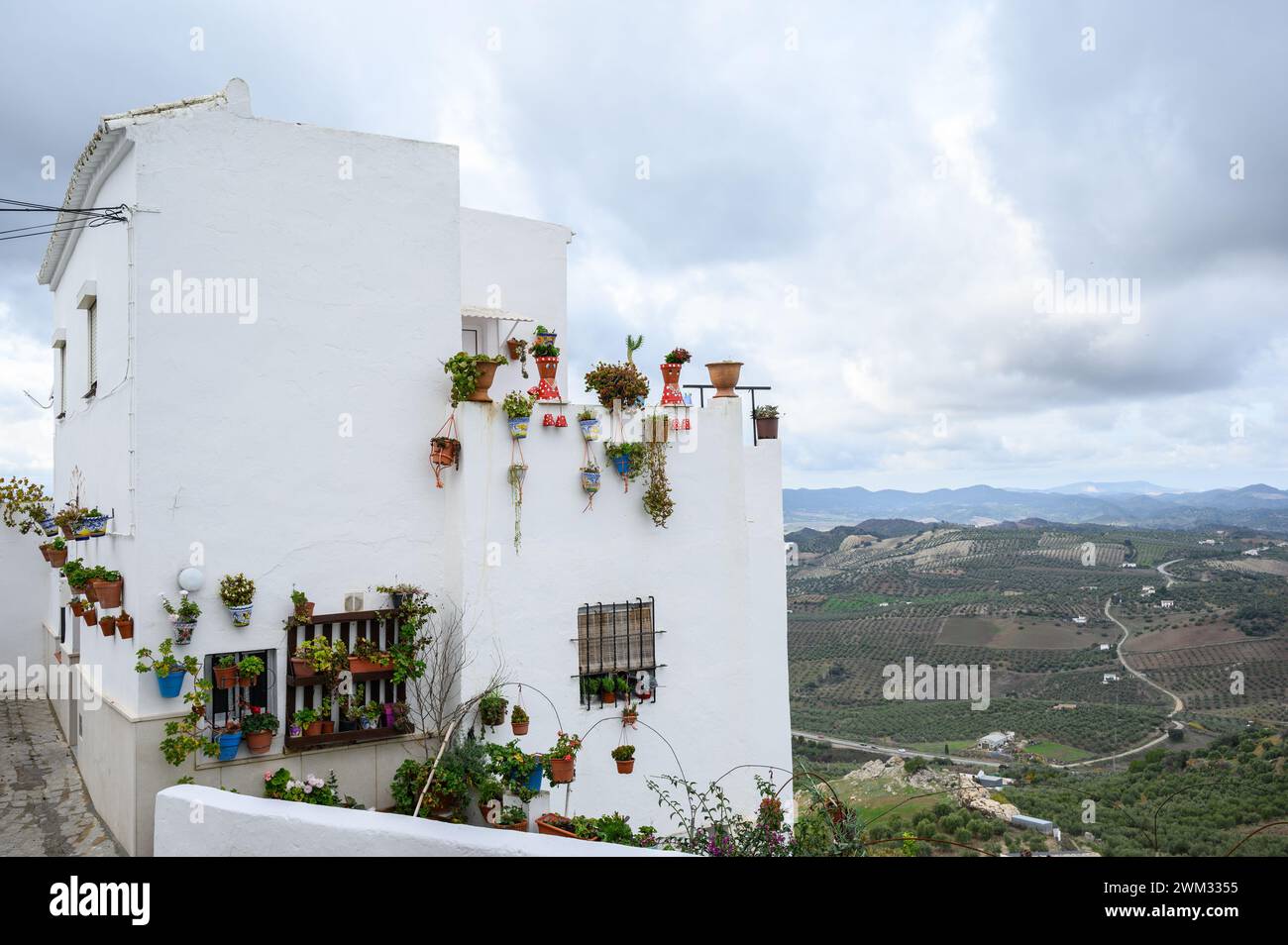 Maison blanche typique avec des plantes et des fleurs suspendues aux balcons et aux fenêtres à Olvera avec la Sierra en arrière-plan, Cadix, Espagne Banque D'Images