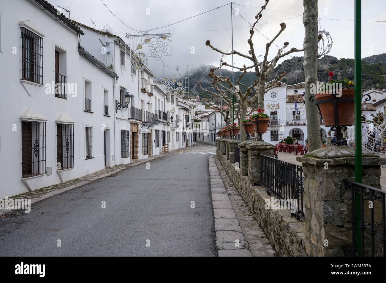Typiques rues étroites et très jolies d'un village andalou avec des maisons blanches à Grazalema, Cadix, Espagne. Banque D'Images