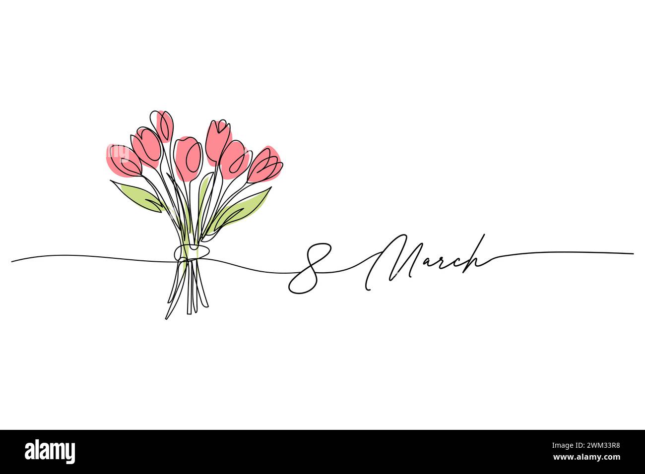8 mars, journée des femmes, bouquet de fleurs de tulipe dessin d'art de ligne de tulipe, un dessin de ligne continue et texte. pour carte de vœux Illustration de Vecteur