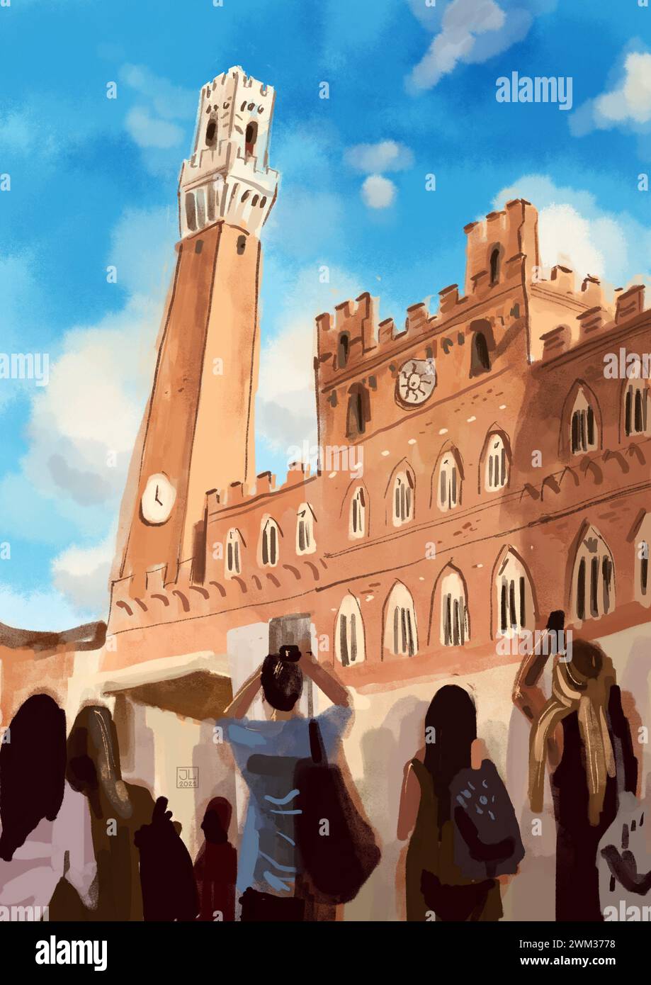 Croquis du Palazzo Pubblico et de la Torre del Mangia en Italie. Illustration numérique aquarelle. Architecture italienne Banque D'Images