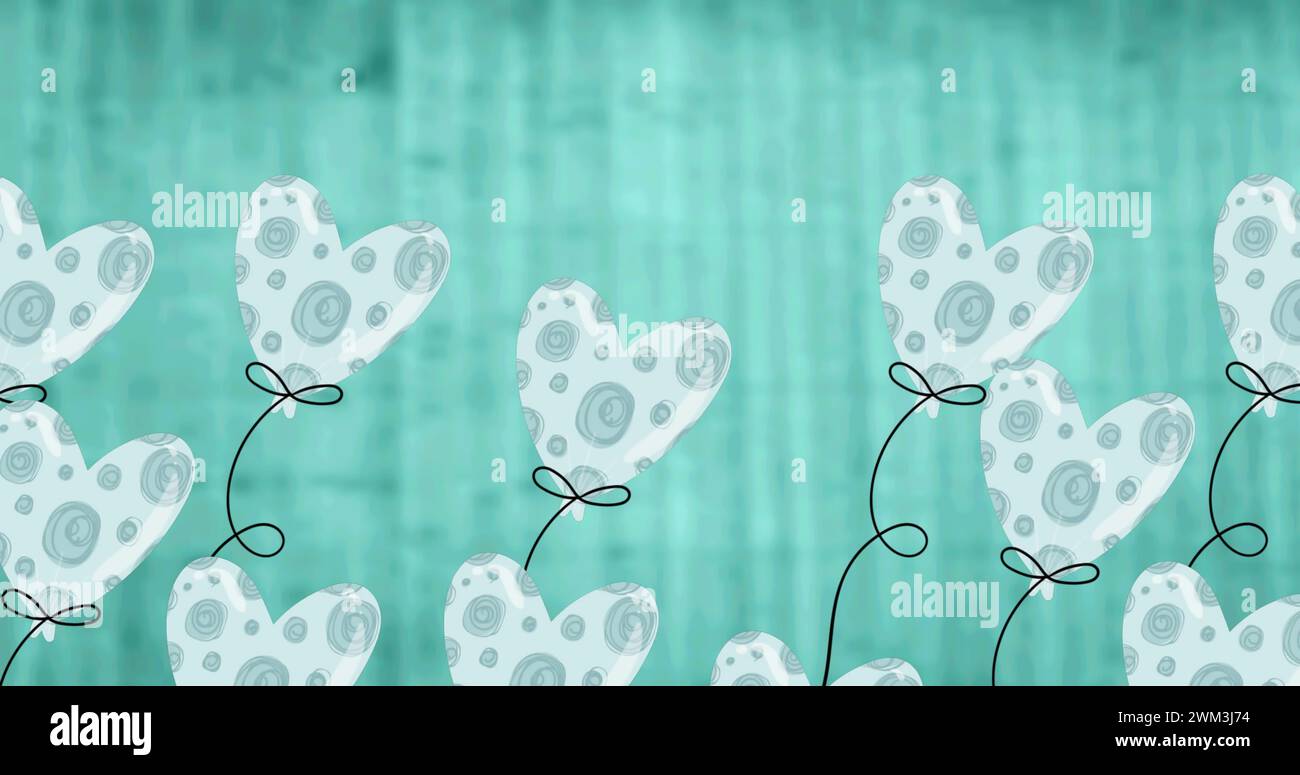 Image de ballons à cœur bleu survolant un arrière-plan bleu Banque D'Images