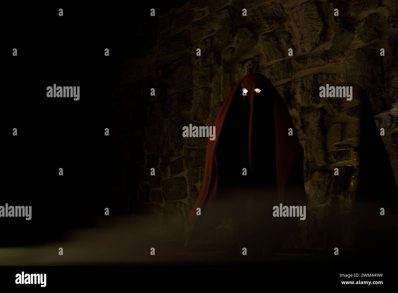 Rendu S3D de figure effrayante avec des yeux brillants devant le mur de pierre Banque D'Images