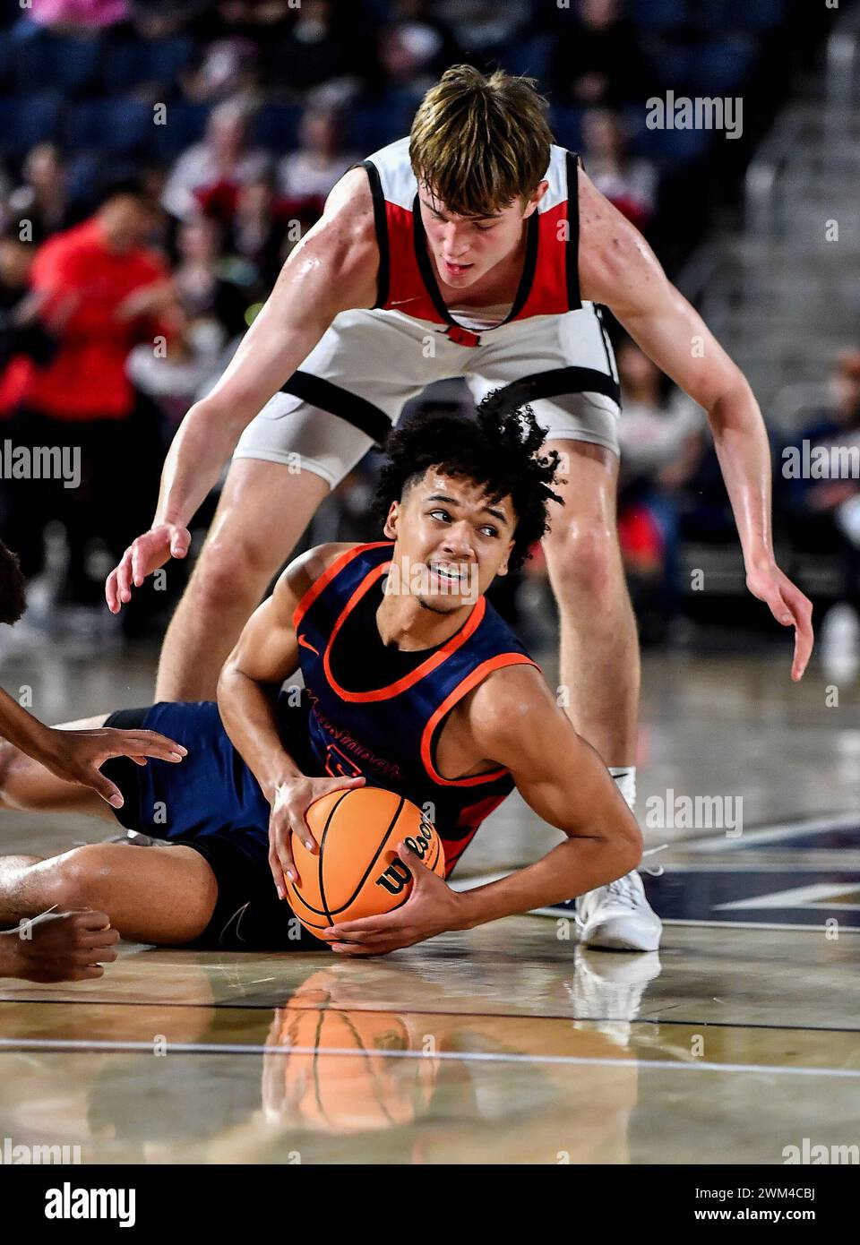 Riverside, CA. 23 février 2024. Roosevelt Brayden Burries (5 ans) en action lors du match de championnat de basket-ball du lycée CIF-SS Open Division Boys entre Harvard-Westlake v. Roosevelt à l'Université Cal Baptist. Louis Lopez/Modern Exposure/Cal Sport Media/Alamy Live News Banque D'Images