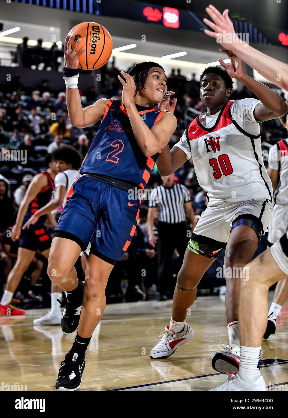 Riverside, CA. 23 février 2024. Roosevelt Myles Walker (2) en action lors du match de championnat de basket-ball du lycée CIF-SS Open Division Boys entre Harvard-Westlake vs Roosevelt à l'Université Cal Baptist. Louis Lopez/Modern Exposure/Cal Sport Media/Alamy Live News Banque D'Images
