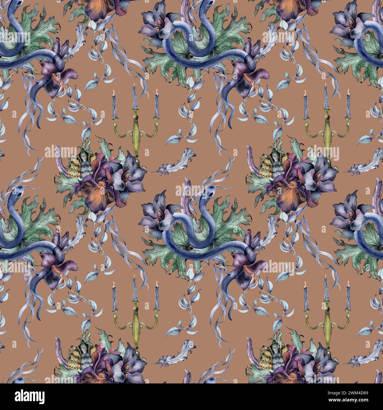 Motif floral gothique sans couture avec serpent isolé sur rose. Fleur d'iris violet et aquarelle de lis noir. Décoration d'art botanique pour mariage noir, Banque D'Images