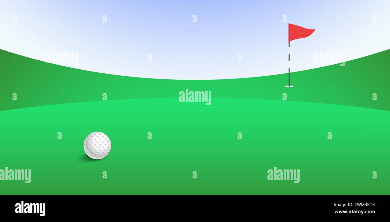 Balle de golf près du trou avec un drapeau triangle rouge sur un parcours vert luxuriant sur un fond de ciel bleu, illustration vectorielle. Illustration de Vecteur