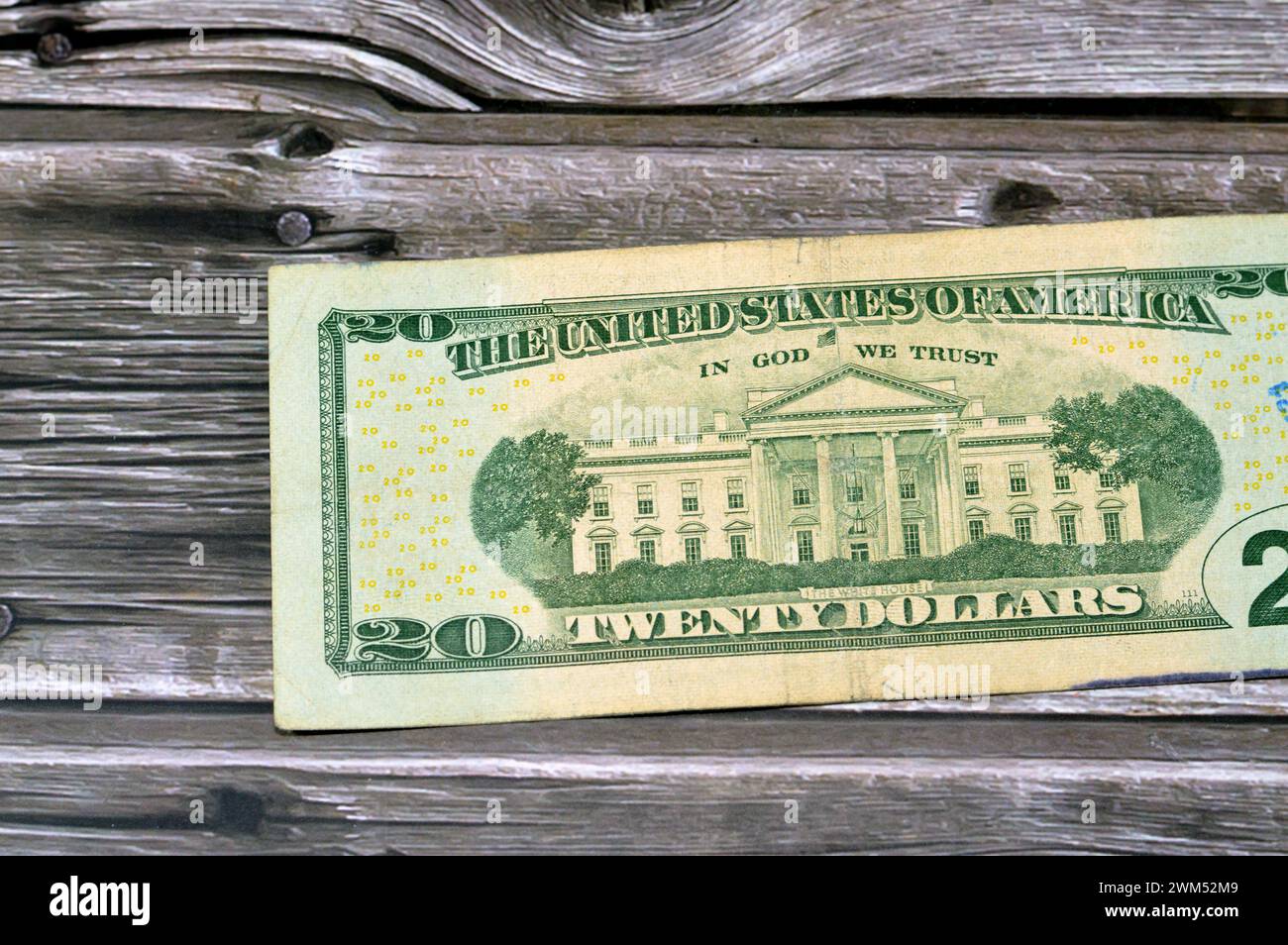 Verso du portrait de 20 dollars, fond de billet de banque de vingt dollars américains, billet de banque de dollars américains USD avec la photo de la maison blanche Banque D'Images