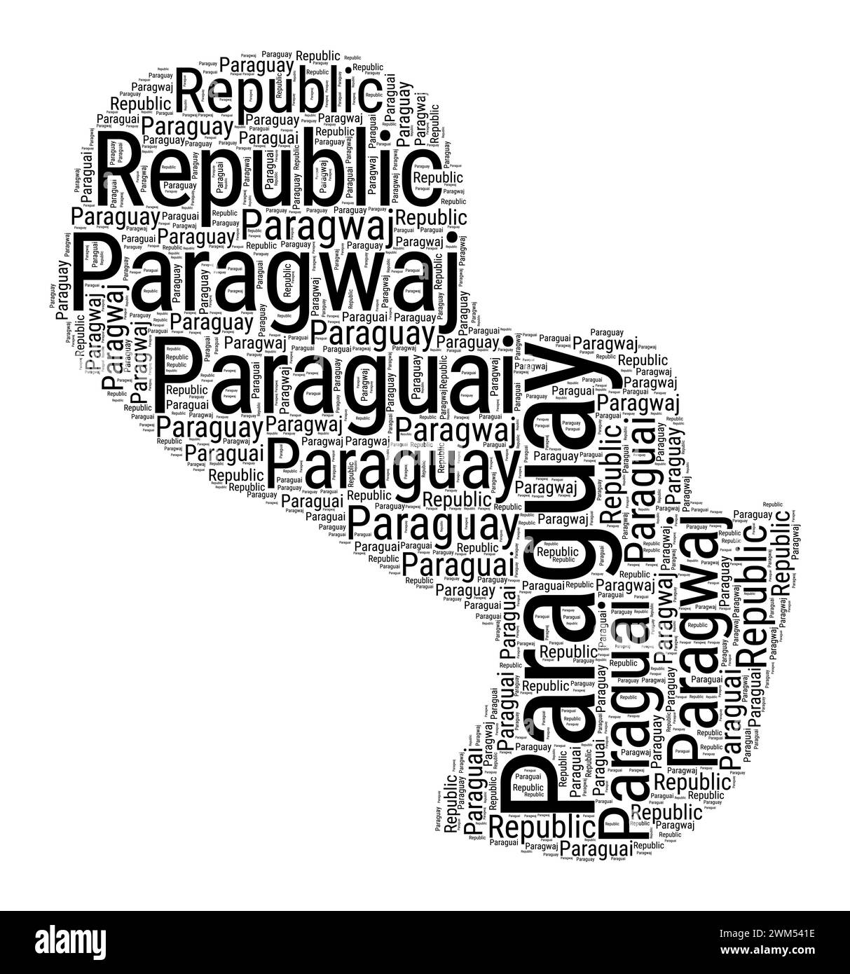 Nuage de mots noir et blanc en forme de Paraguay. Illustration de pays de style typographique simple. Nuage de texte noir Paraguay simple sur fond blanc. Illustration de Vecteur