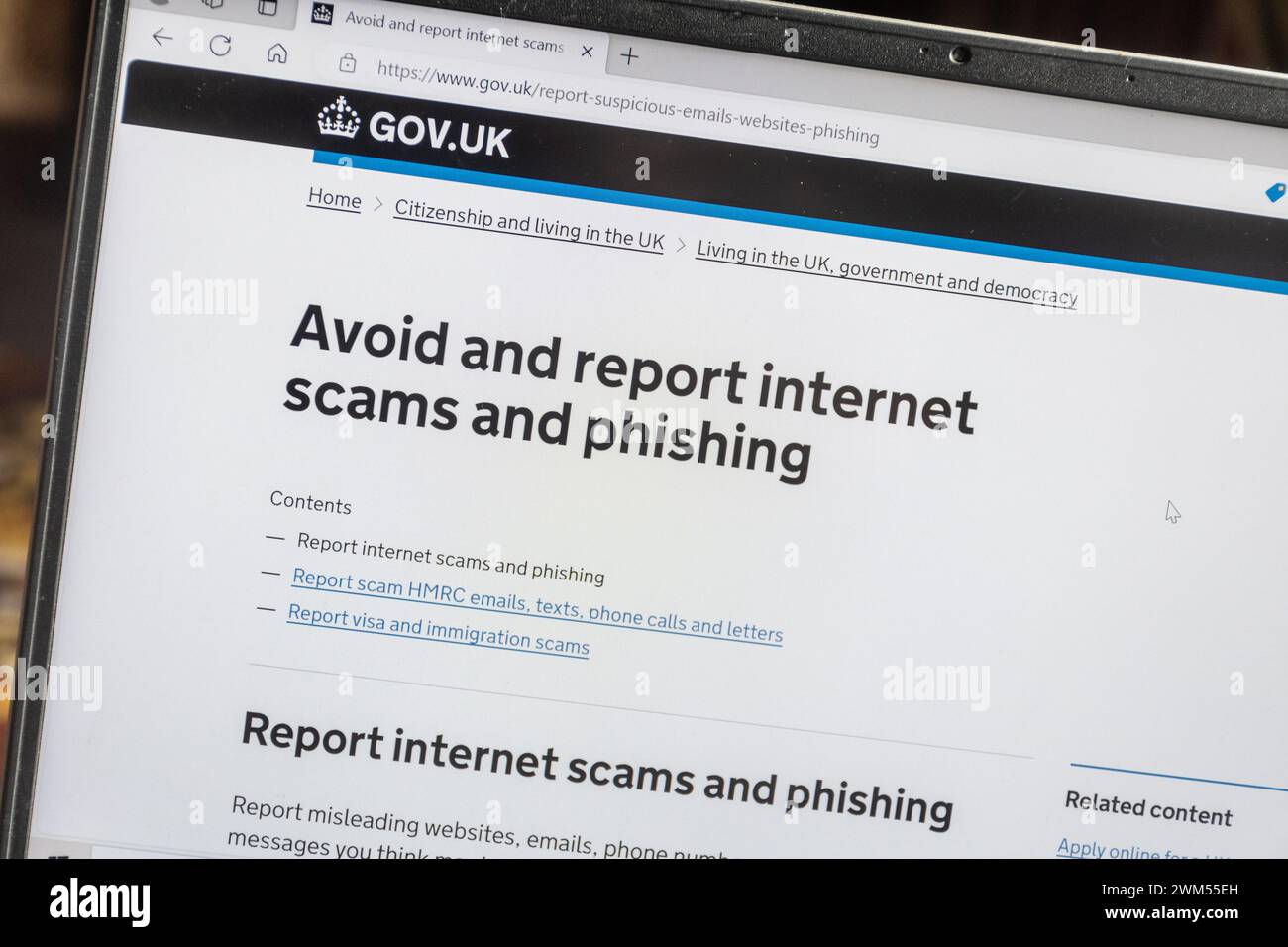 Site Web Gov.uk donnant des informations sur la façon d'éviter et de signaler les escroqueries sur Internet et le phishing Banque D'Images