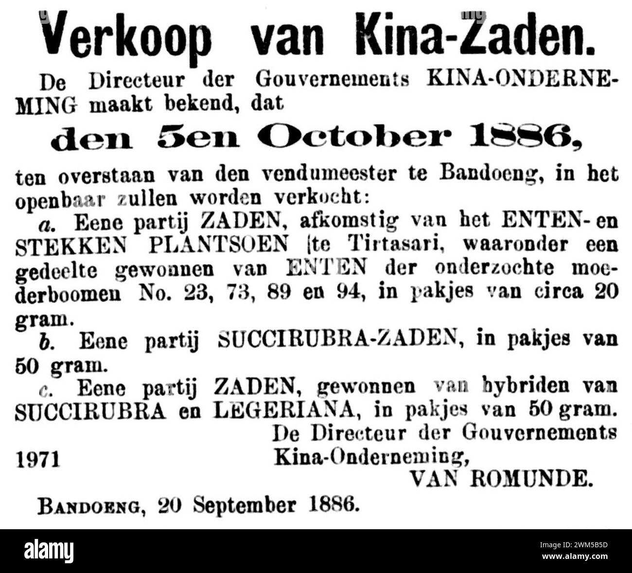 Bataviaasch Nieuwsblad vol 001 no 244 publicité Verkoop van Kina-Zaden. Banque D'Images