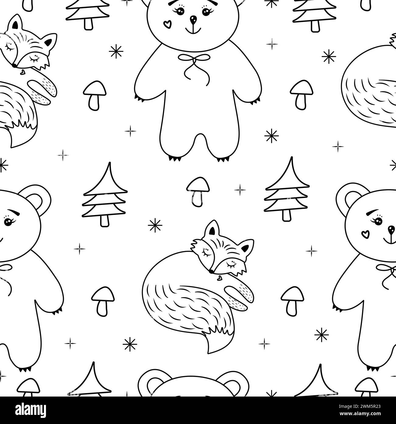Motif sans couture Forest Life, impression noir et blanc dans le style scandinave, animaux sauvages et plantes Illustration de Vecteur
