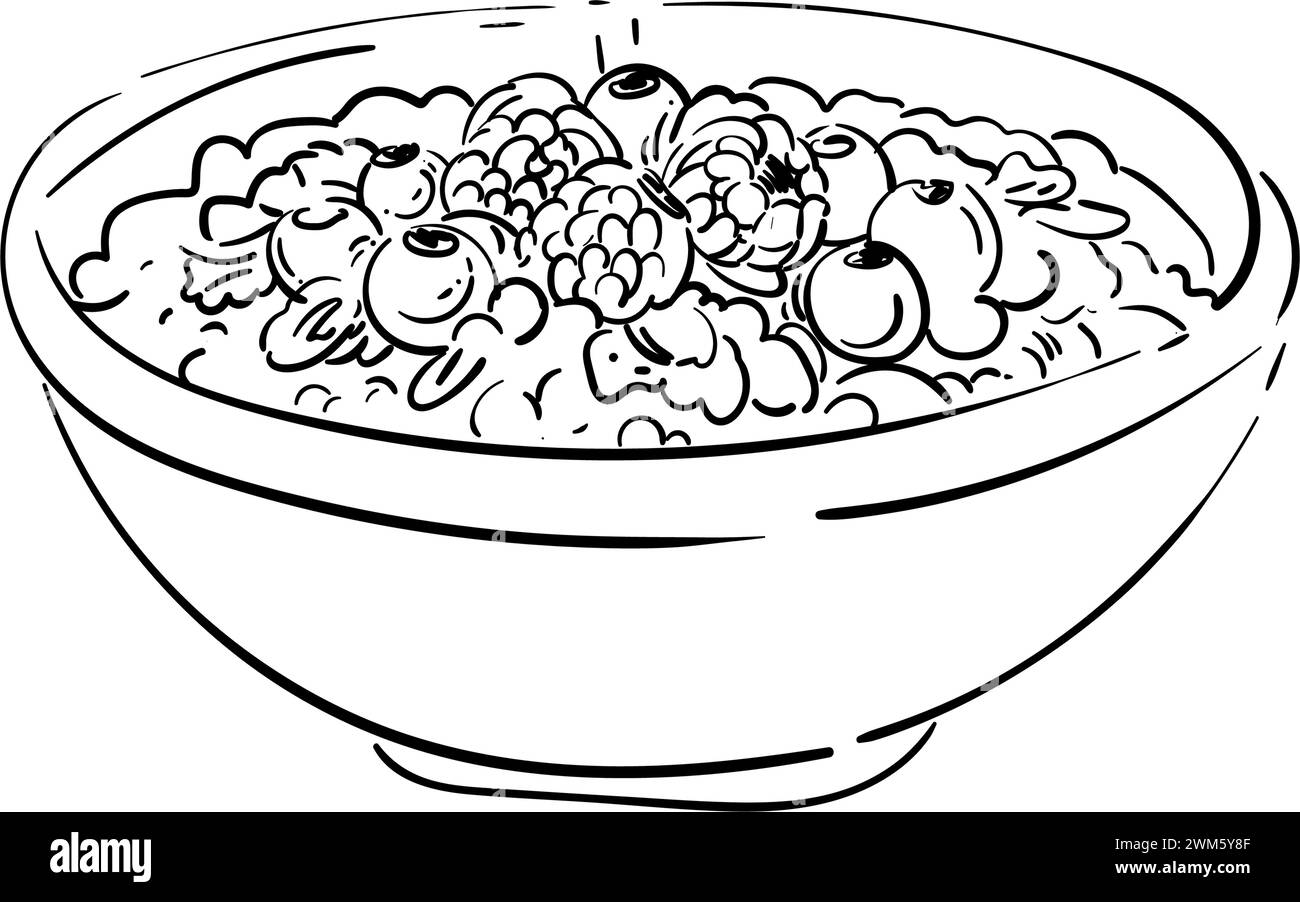 Flocons d'avoine petit déjeuner avec baies et fruits dans un bol sur la table. Illustration vectorielle dessinée à la main. Esquissez la bouillie de flocons de maïs. Framboise, myrtille Illustration de Vecteur