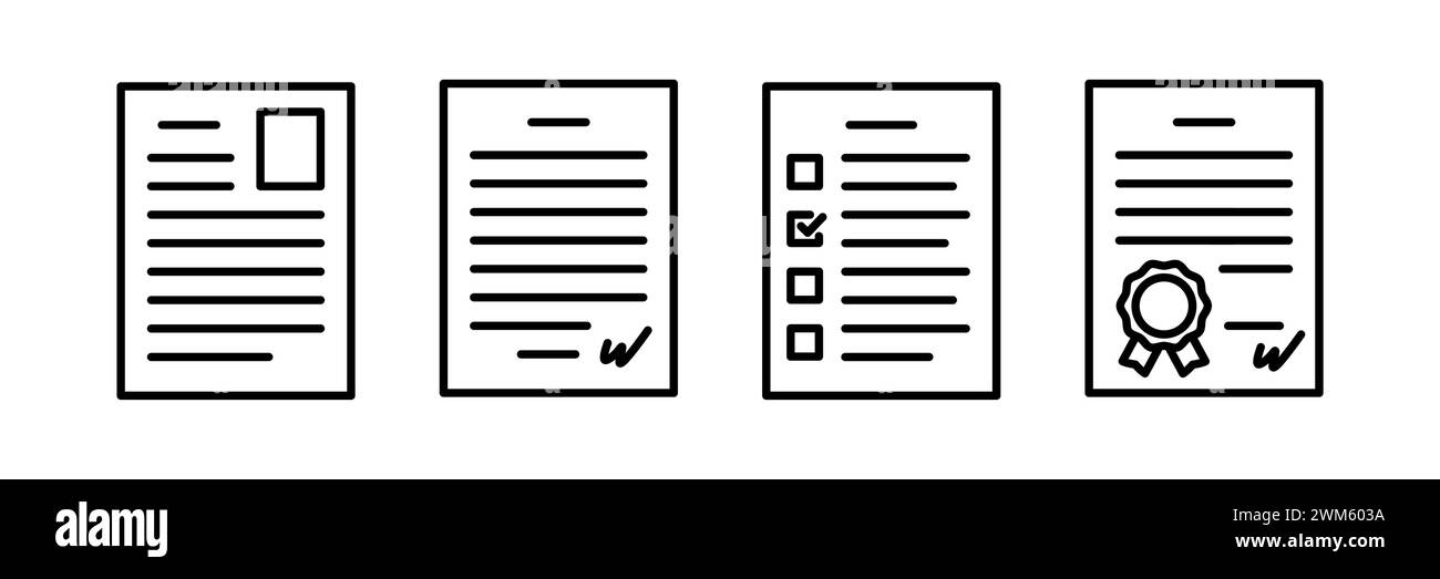 Icône de ligne de document définie dans un style plat. Profil, questionnaire, certificat et symboles de contrat sur fond blanc. Icônes abstraites simples. Vecteur il Illustration de Vecteur