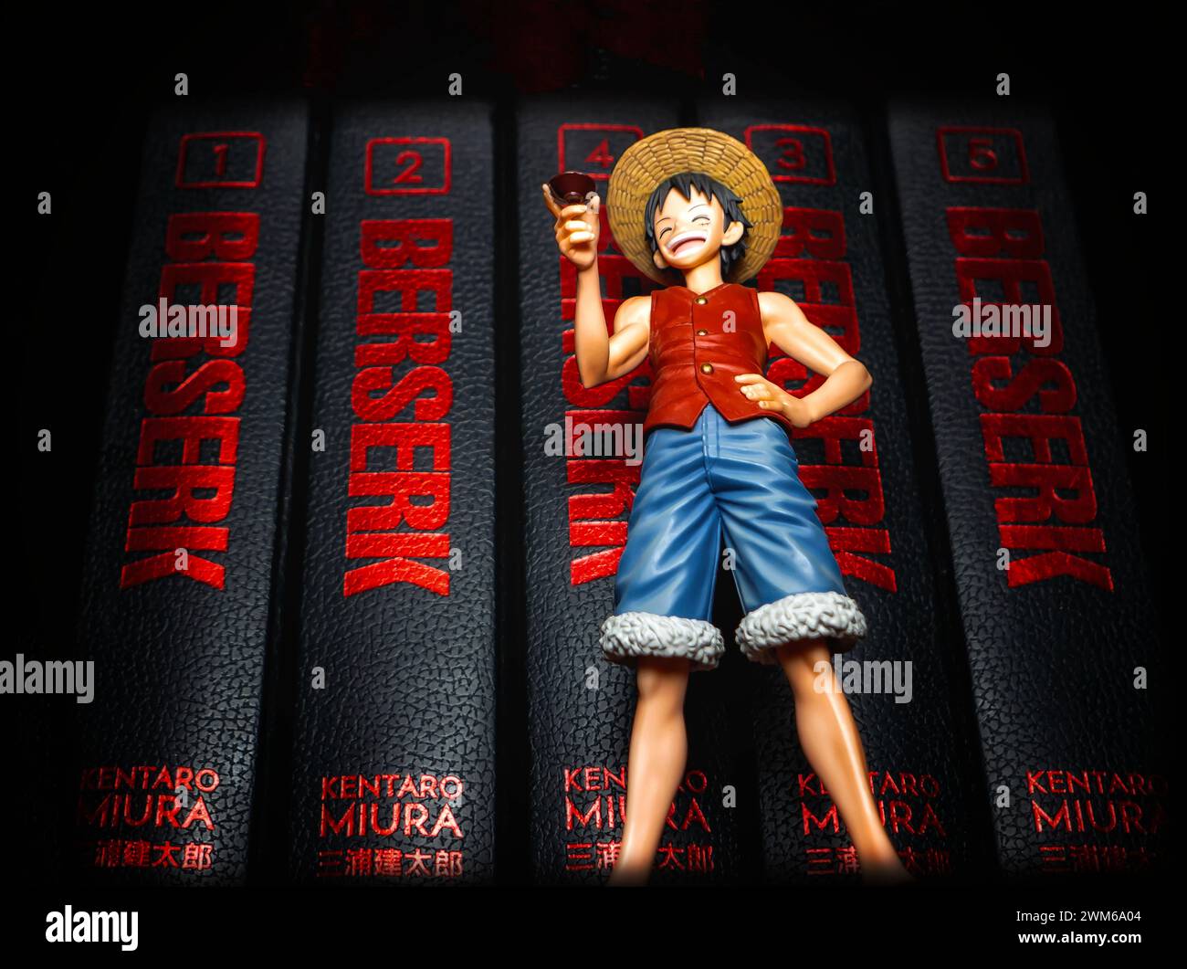 Le jouet de personnage Monkey d Luffy Anime sur une étagère à livres Banque D'Images