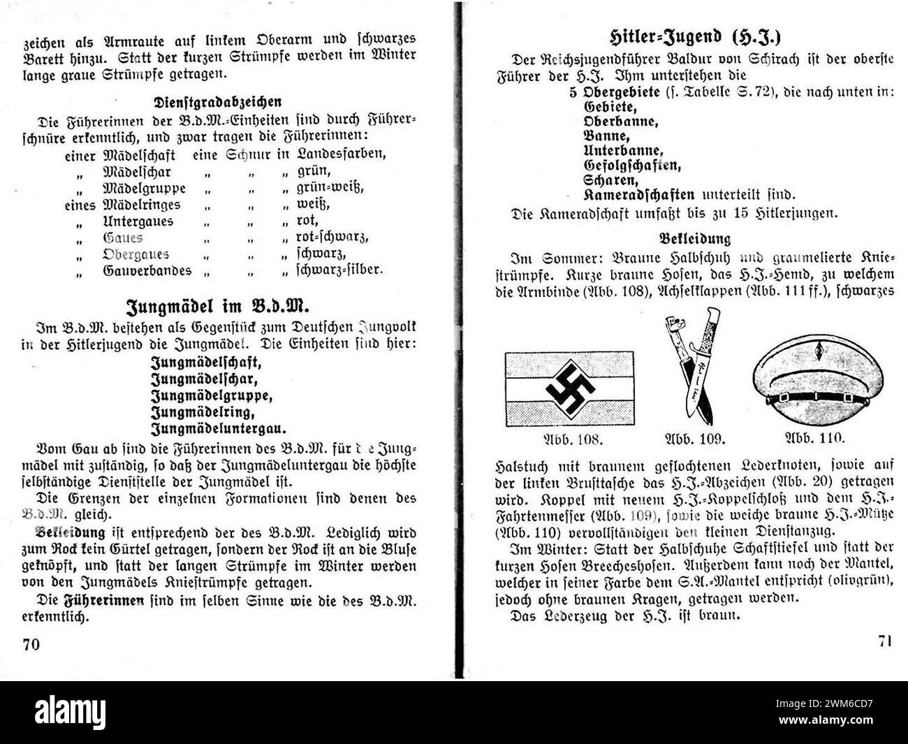 Beppo Bässler - Aufbau und Abzeichen der NSDAP sa SS HJ PO NSBO DAF 1934 - 66-67 Hitler-Jugend Dienstgradabzeichen Jungmädel HJ Bekleidung (uniforme de structure du parti nazi. Livret de propagande) Banque D'Images