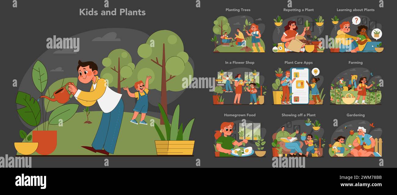 Ensemble enfants et plantes. Garçons et filles explorant la nature avec des membres de la famille. Engager les enfants dans la botanique à travers des activités comme le jardinage, l'agriculture et l'utilisation d'applications de soin des plantes. Illustration vectorielle plate Illustration de Vecteur