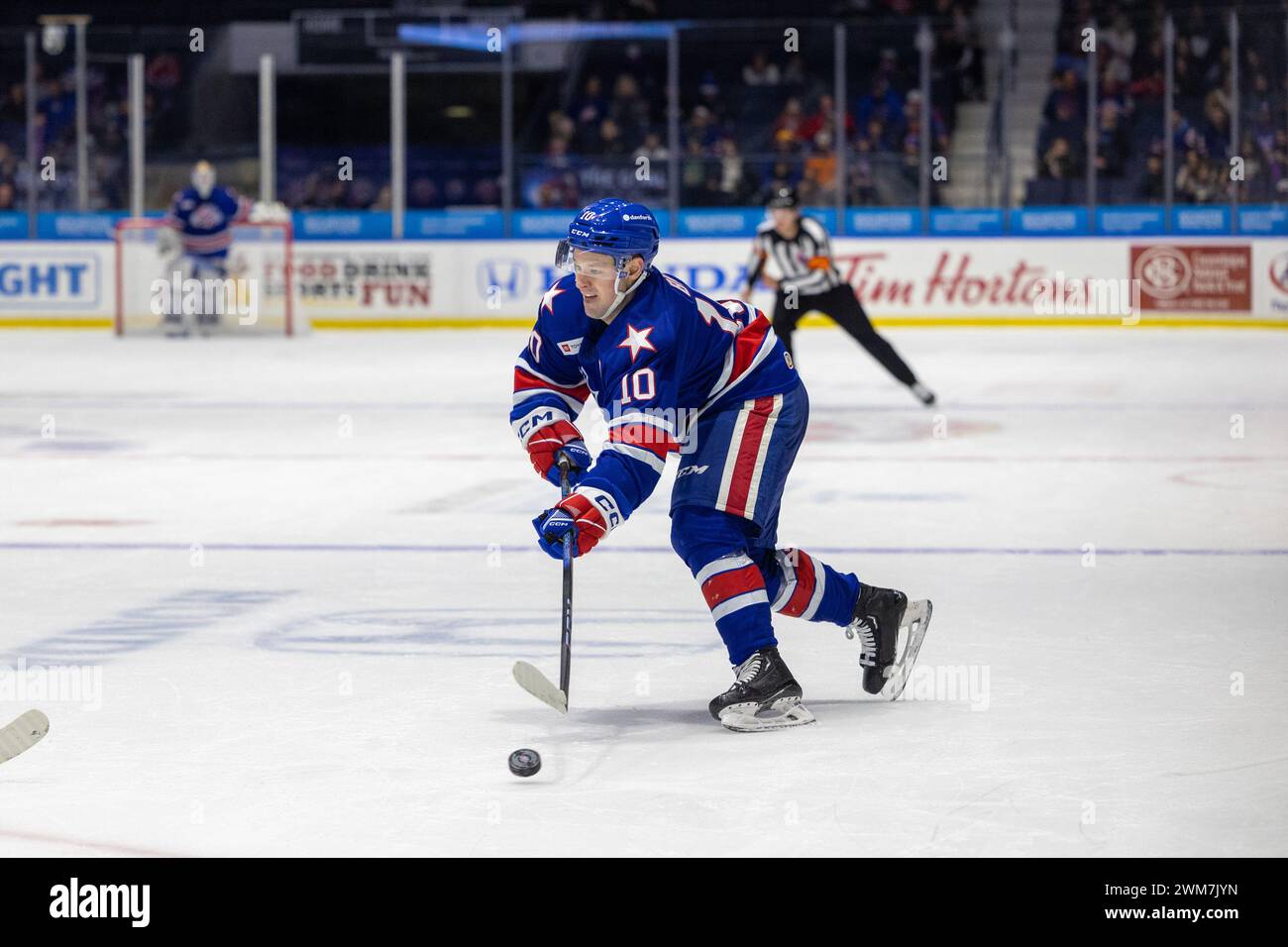 21 février 2024 : L’attaquant des Américains de Rochester Brandon Biro (10) patine en deuxième période contre les sénateurs de Belleville. Les Américains de Rochester ont accueilli les sénateurs de Belleville dans un match de la Ligue américaine de hockey au Blue Cross Arena de Rochester, New York. (Jonathan Tenca/CSM) Banque D'Images