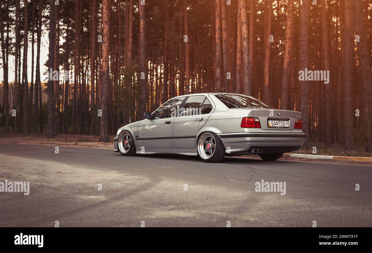 Berline BMW série 3 argentée (E36) garée près d'une pinède. Vue de trois quarts arrière de la voiture basse Youngtimer dans la campagne. Banque D'Images