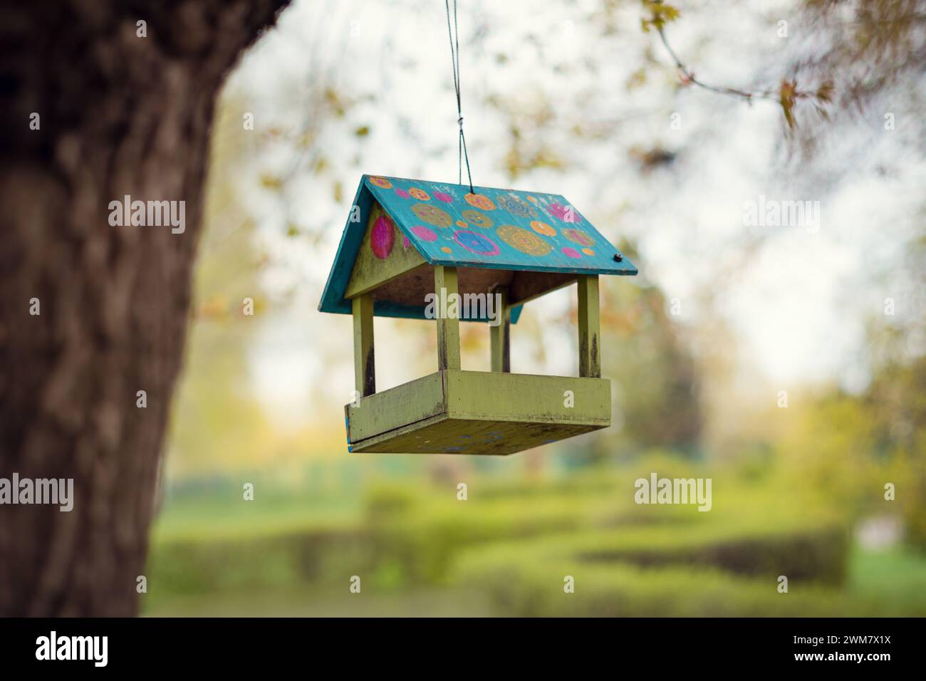 Mangeoire à oiseaux colorée faite à la main suspendue à une fine corde. Jardin florissant de printemps en arrière-plan. Banque D'Images