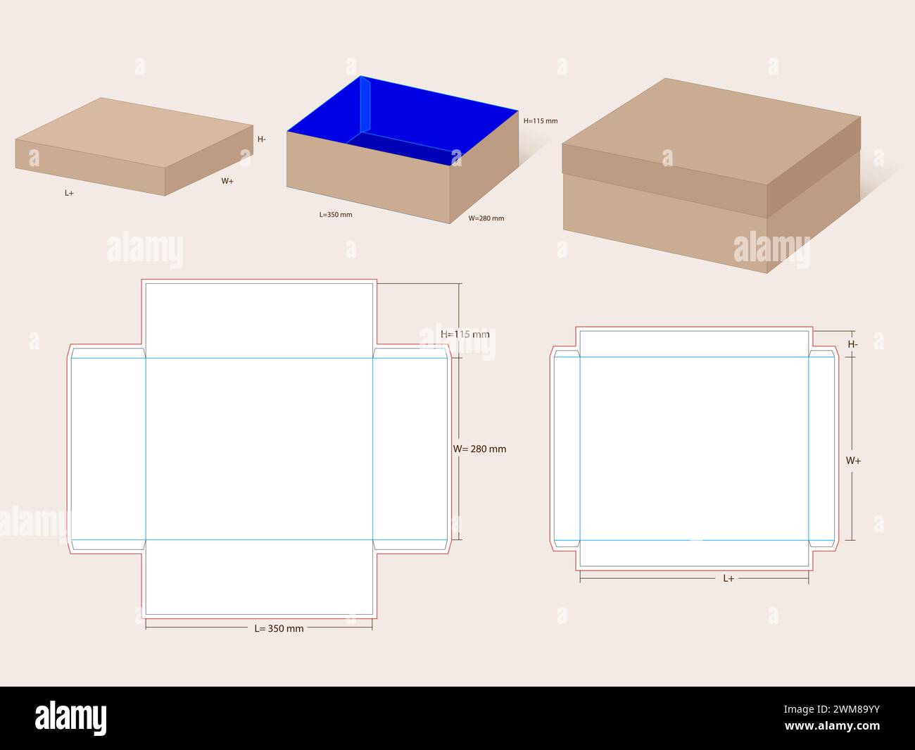 Boîte de taille la plus grande de chaussure de deux pièces 350x280x115 mm, couvercle H = modèle de ligne de matrice de 40 mm Illustration de Vecteur