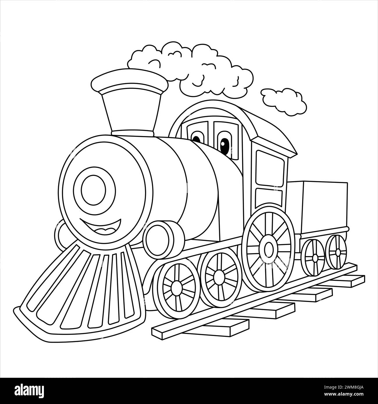 Drôle de train à vapeur Cartoon. Vieille locomotive isolée sur fond blanc. Illustration pour enfants. Livre de coloriage Illustration de Vecteur